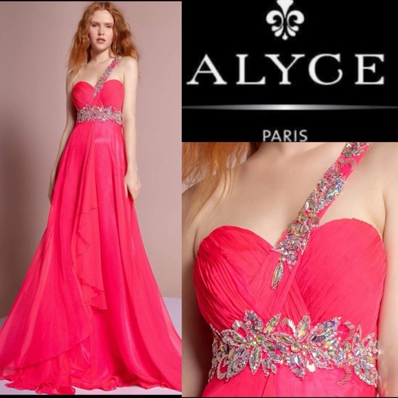 ALYCE PARIS FUSCHIA PINK RHINESTONE EMBELLISHED ONE SHOULDER  A LINE LONG GOWN - Picture 1 of 16